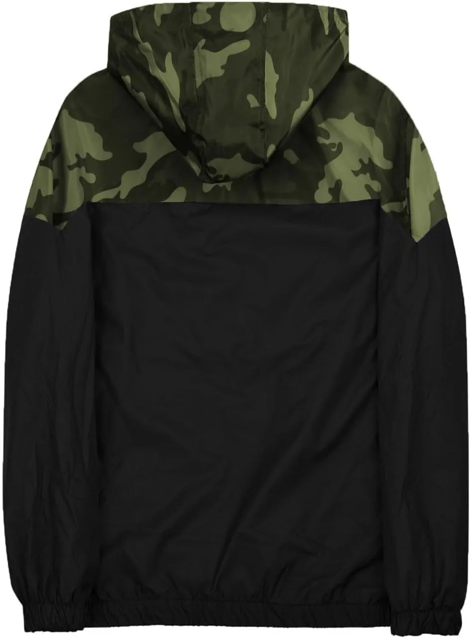 Men's Color Matching Thin Fall Outdoor Windbreaker Long Sleeved Hooded Jacket Coat Zipper Travel Windbreakers Jacket