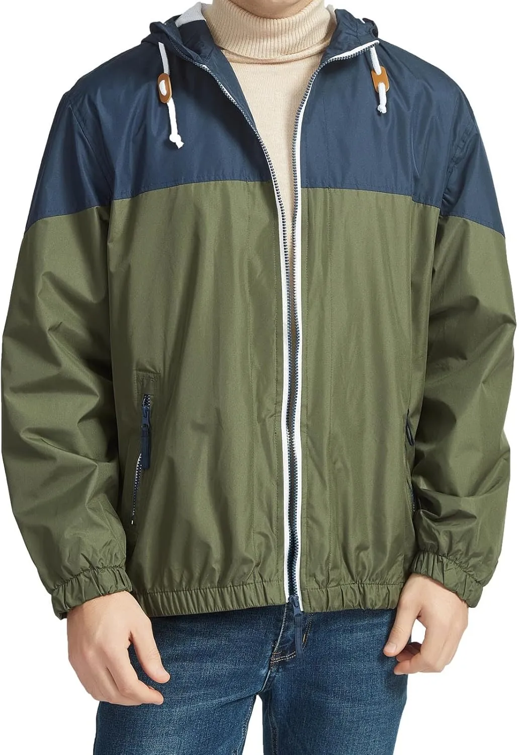 Men's Color Matching Thin Fall Outdoor Windbreaker Long Sleeved Hooded Jacket Coat Zipper Travel Windbreakers Jacket
