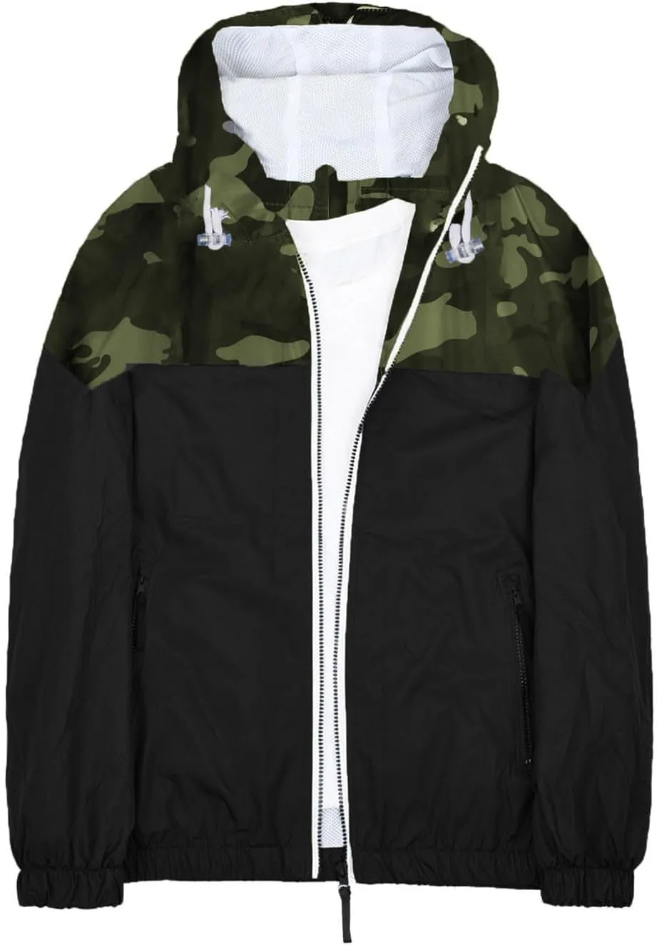 Men's Color Matching Thin Fall Outdoor Windbreaker Long Sleeved Hooded Jacket Coat Zipper Travel Windbreakers Jacket