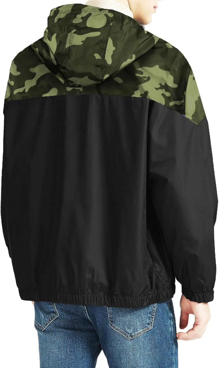 Men's Color Matching Thin Fall Outdoor Windbreaker Long Sleeved Hooded Jacket Coat Zipper Travel Windbreakers Jacket