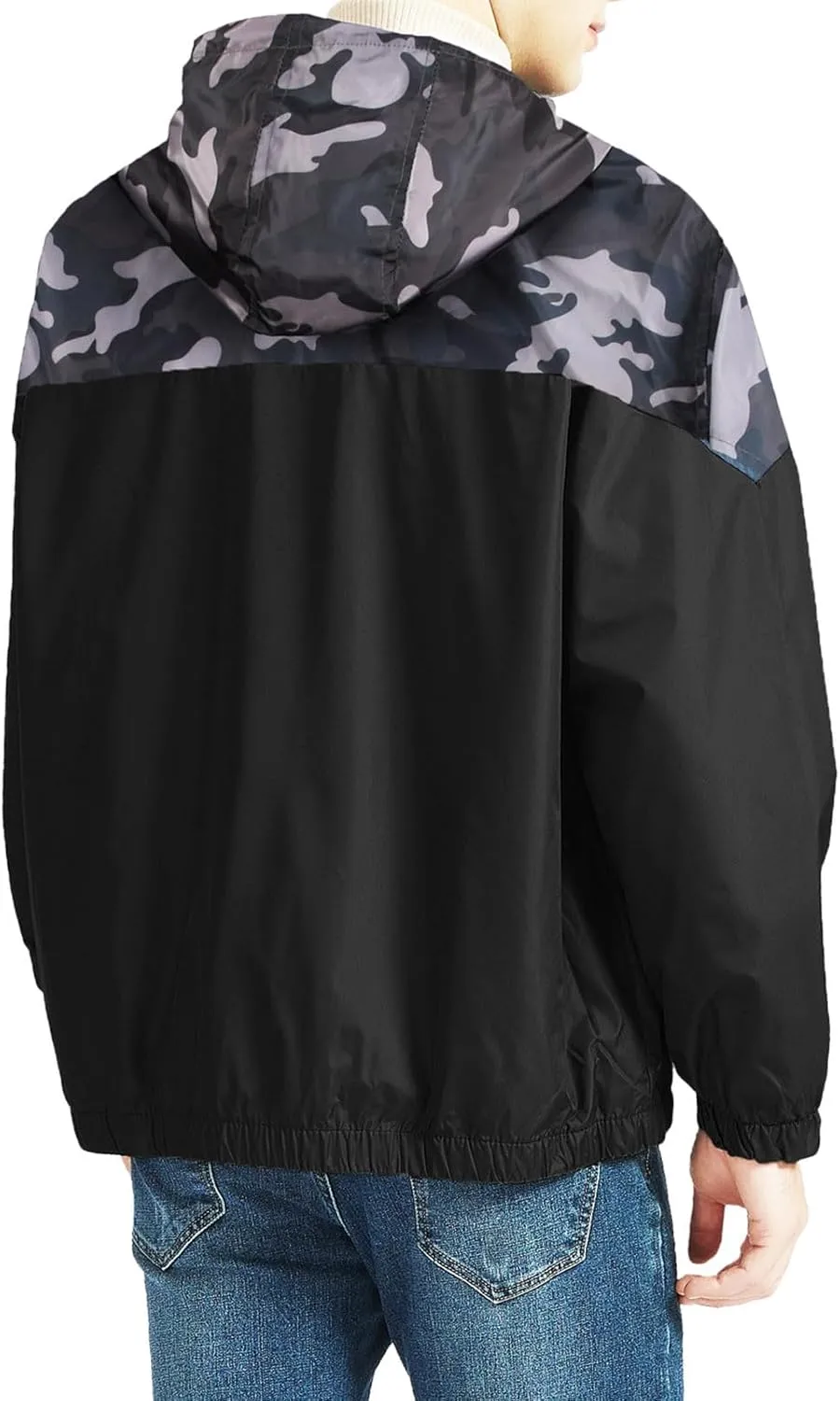 Men's Color Matching Thin Fall Outdoor Windbreaker Long Sleeved Hooded Jacket Coat Zipper Travel Windbreakers Jacket
