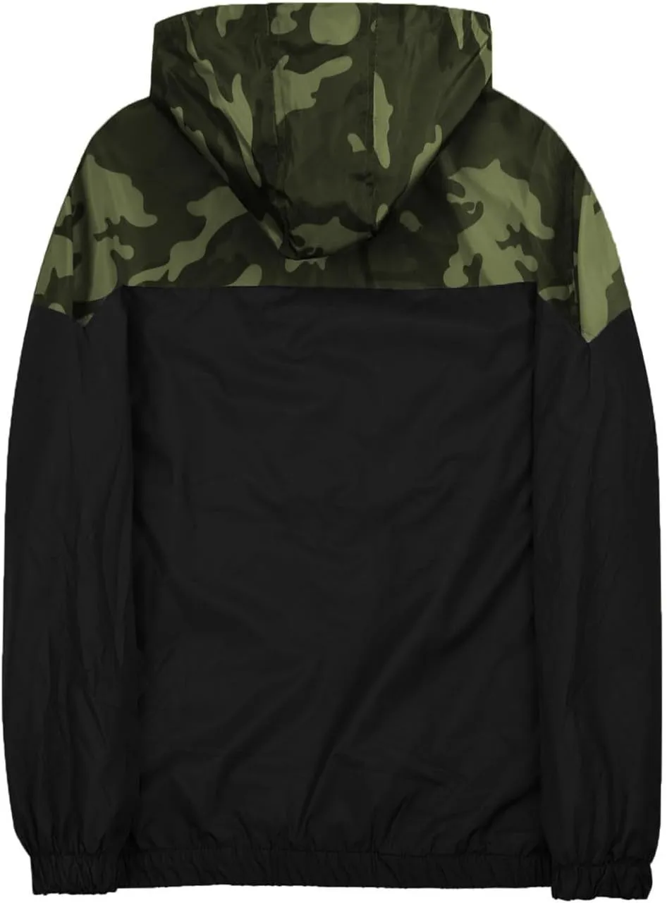 Men's Color Matching Thin Fall Outdoor Windbreaker Long Sleeved Hooded Jacket Coat Zipper Travel Windbreakers Jacket