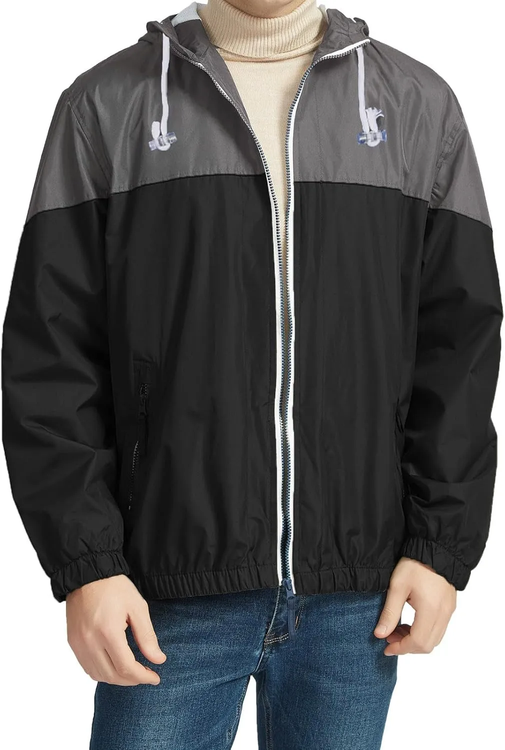 Men's Color Matching Thin Fall Outdoor Windbreaker Long Sleeved Hooded Jacket Coat Zipper Travel Windbreakers Jacket