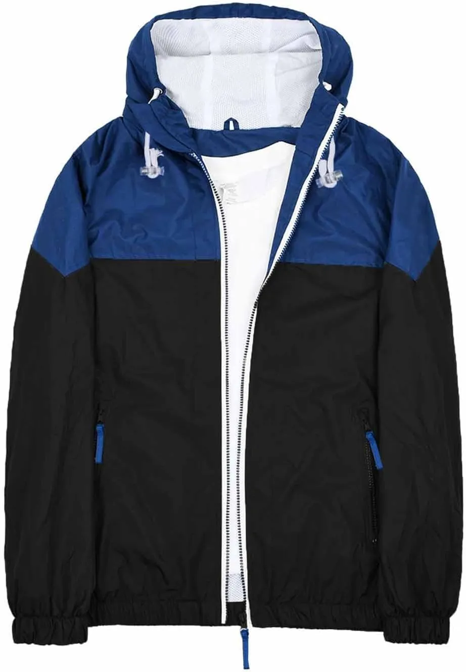 Men's Color Matching Thin Fall Outdoor Windbreaker Long Sleeved Hooded Jacket Coat Zipper Travel Windbreakers Jacket