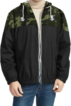 Men's Color Matching Thin Fall Outdoor Windbreaker Long Sleeved Hooded Jacket Coat Zipper Travel Windbreakers Jacket