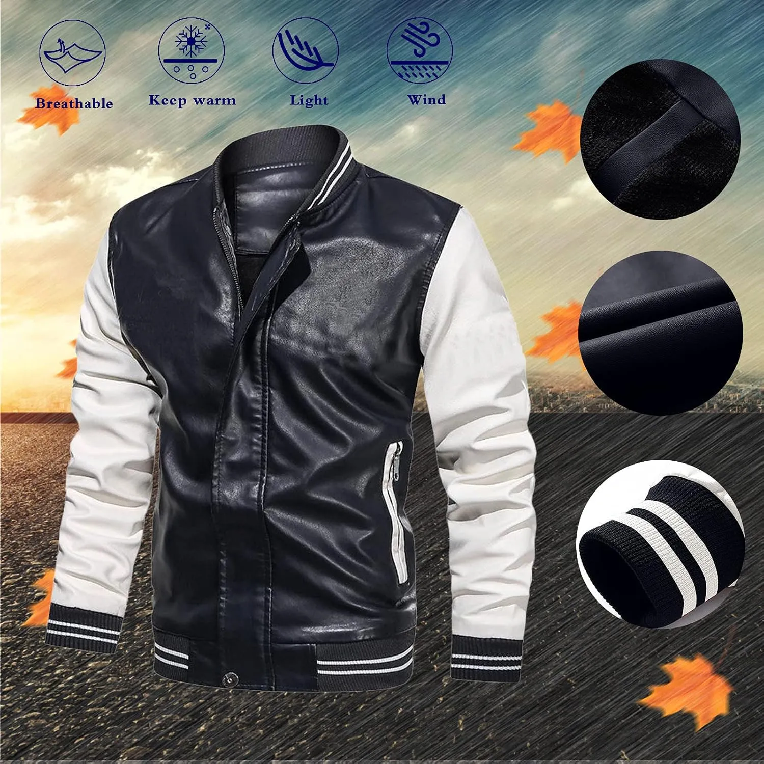 Mens Colorblock Fleece Lined Basketball Faux Leather Jacket Big and Tall Bomber Jacket with Pockets Waterproof Jackets