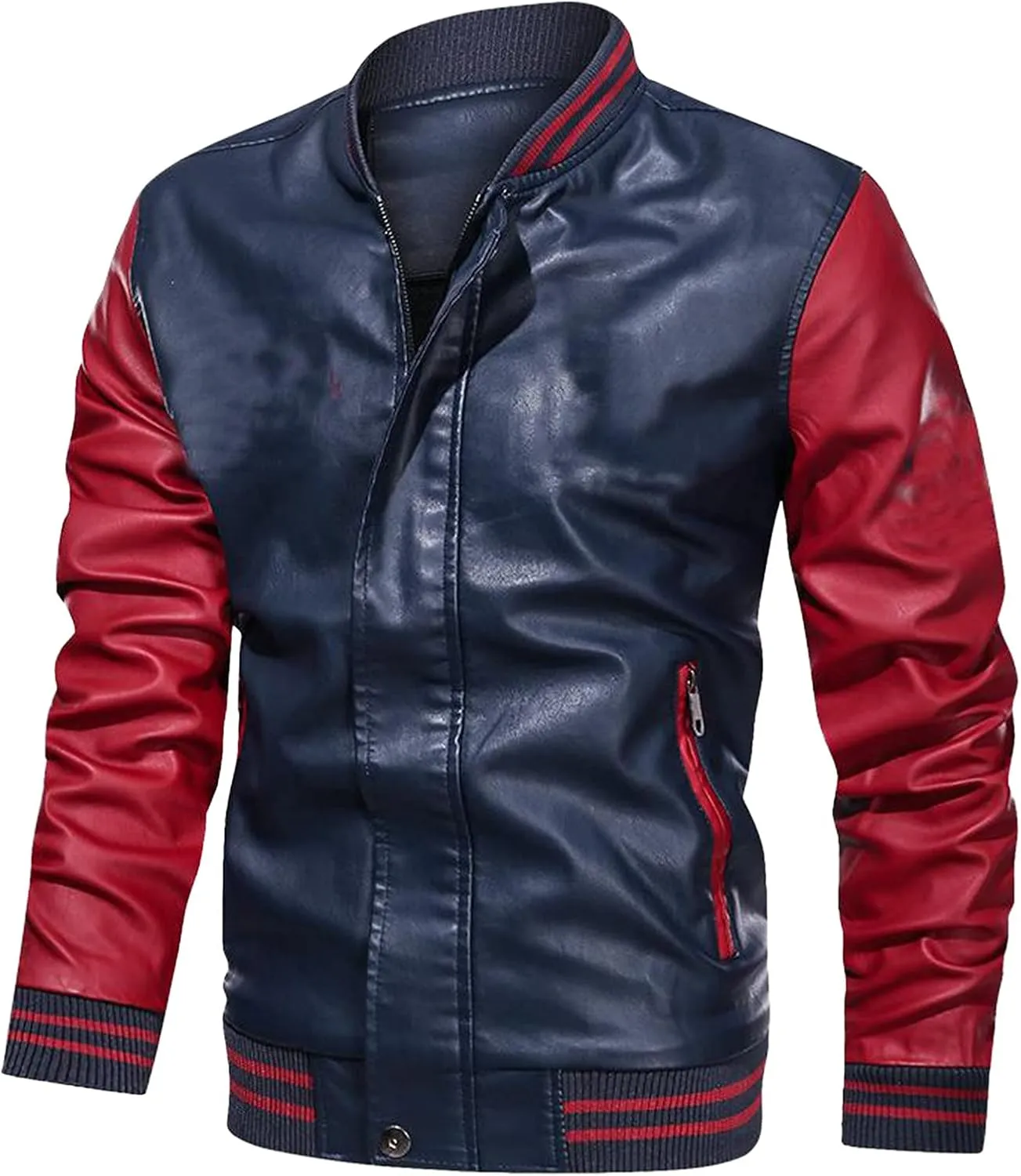 Mens Colorblock Fleece Lined Basketball Faux Leather Jacket Big and Tall Bomber Jacket with Pockets Waterproof Jackets