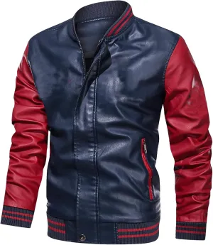 Mens Colorblock Fleece Lined Basketball Faux Leather Jacket Big and Tall Bomber Jacket with Pockets Waterproof Jackets