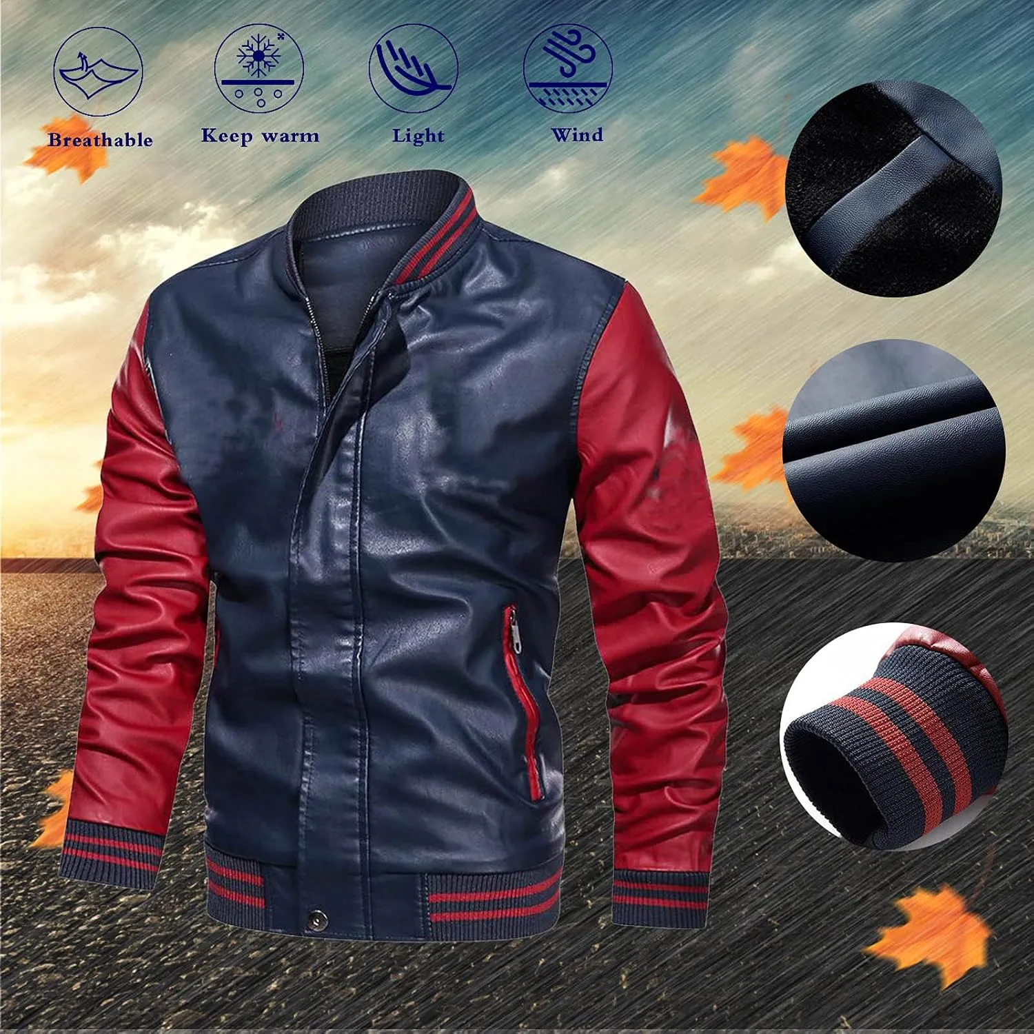 Mens Colorblock Fleece Lined Basketball Faux Leather Jacket Big and Tall Bomber Jacket with Pockets Waterproof Jackets