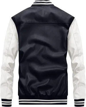 Mens Colorblock Fleece Lined Basketball Faux Leather Jacket Big and Tall Bomber Jacket with Pockets Waterproof Jackets