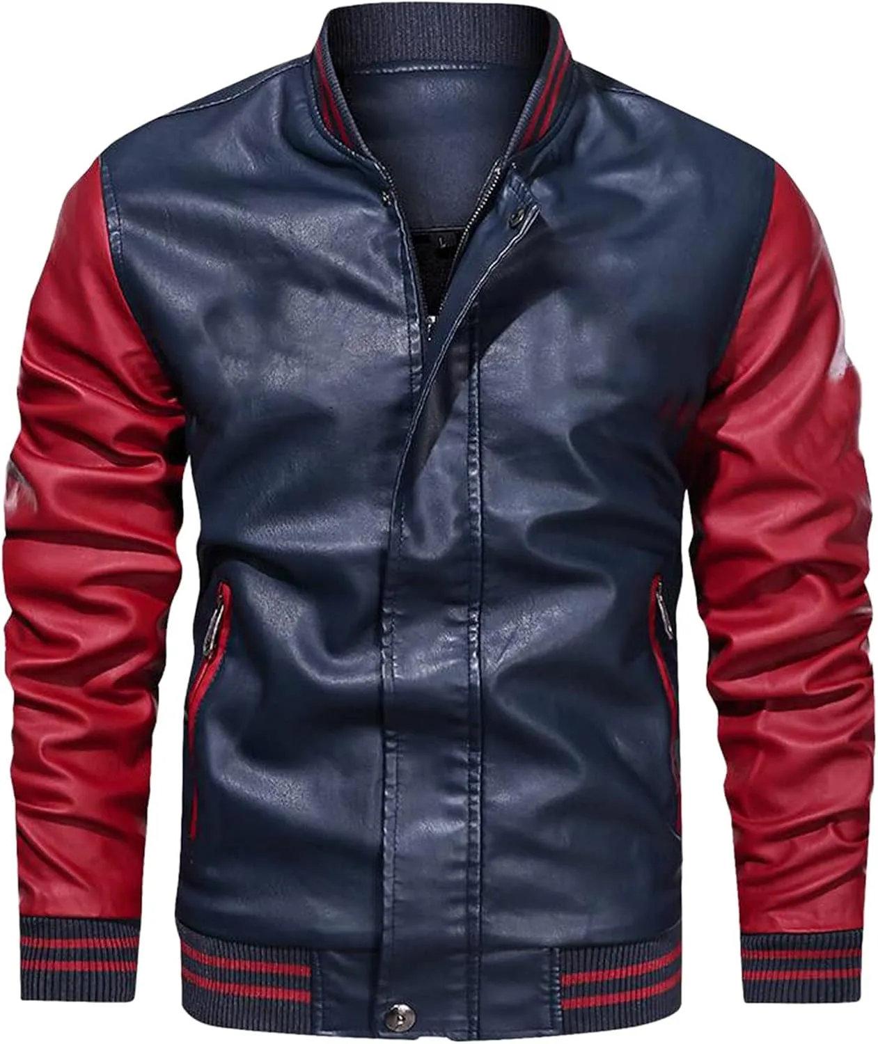 Mens Colorblock Fleece Lined Basketball Faux Leather Jacket Big and Tall Bomber Jacket with Pockets Waterproof Jackets