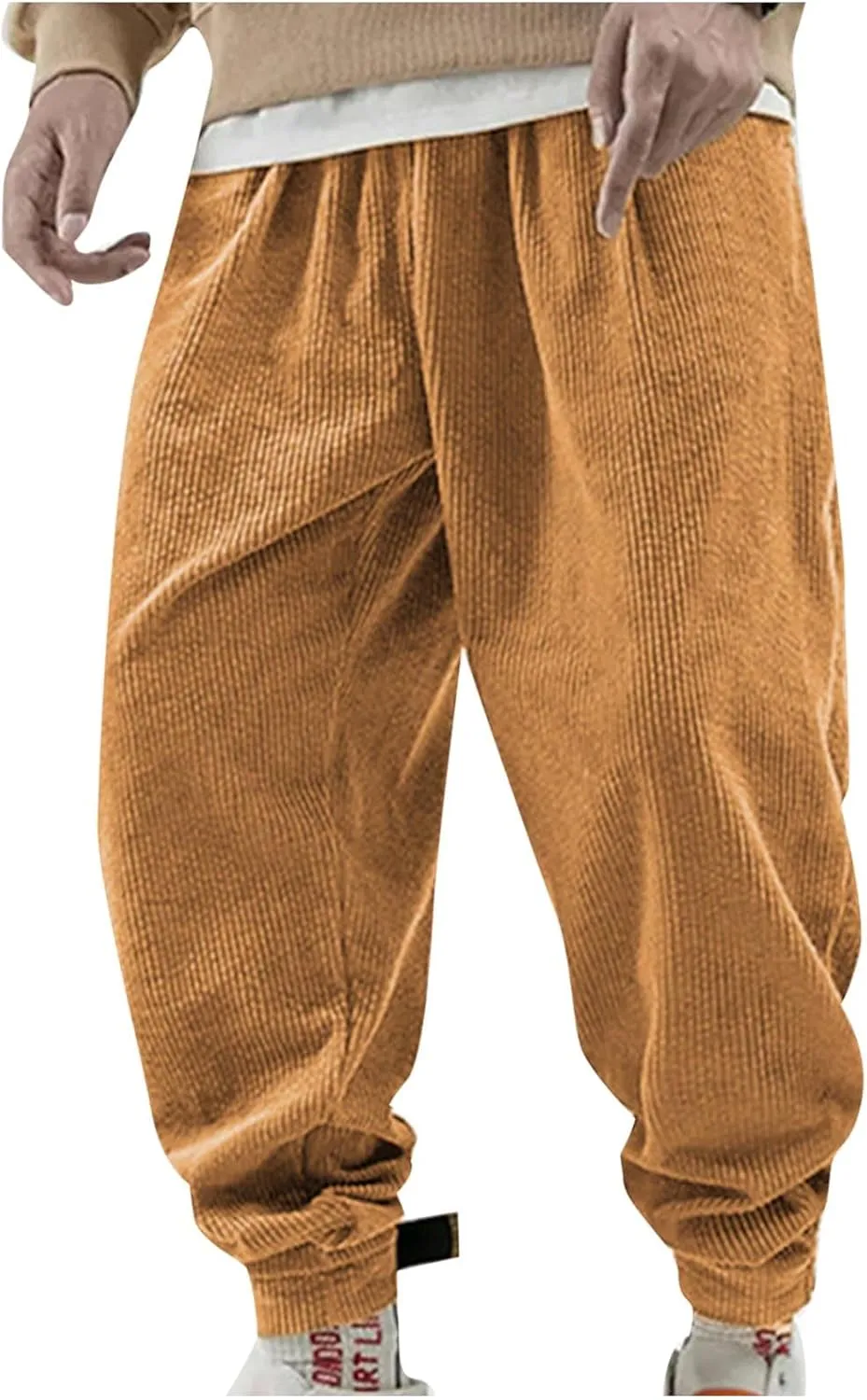 Mens Corduroy Casual Pants Elastic Waist Tapered Trousers Drawstring Sweatpants Baggy Tracksuit Bottoms Lightweight