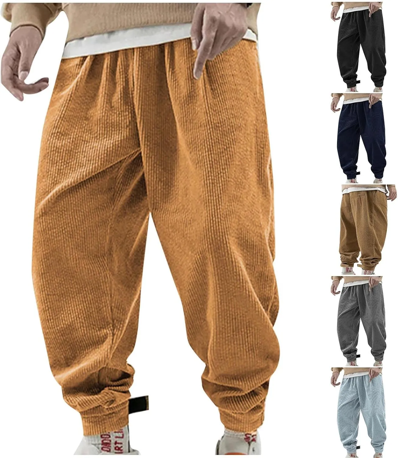 Mens Corduroy Casual Pants Elastic Waist Tapered Trousers Drawstring Sweatpants Baggy Tracksuit Bottoms Lightweight