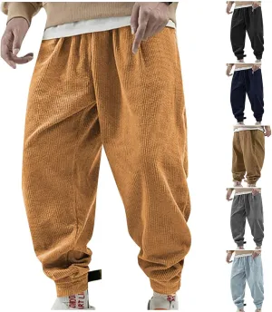 Mens Corduroy Casual Pants Elastic Waist Tapered Trousers Drawstring Sweatpants Baggy Tracksuit Bottoms Lightweight
