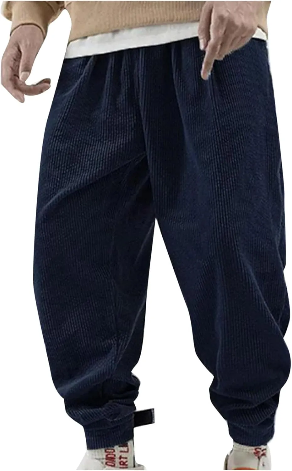 Mens Corduroy Casual Pants Elastic Waist Tapered Trousers Drawstring Sweatpants Baggy Tracksuit Bottoms Lightweight