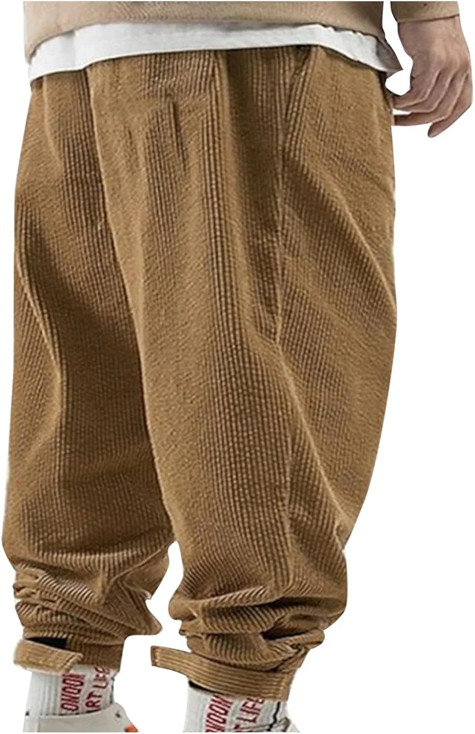 Mens Corduroy Casual Pants Elastic Waist Tapered Trousers Drawstring Sweatpants Baggy Tracksuit Bottoms Lightweight