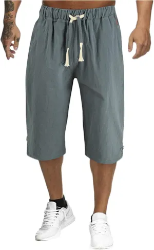 Mens Cotton Linen Shorts Casual Summer Beach Capri Pants Athletic Gym Workout Shorts with Pockets
