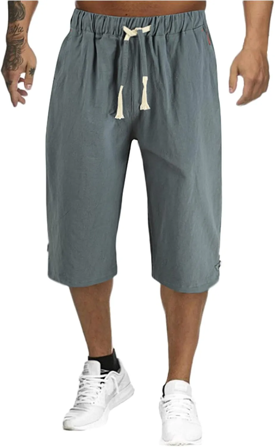 Mens Cotton Linen Shorts Casual Summer Beach Capri Pants Athletic Gym Workout Shorts with Pockets