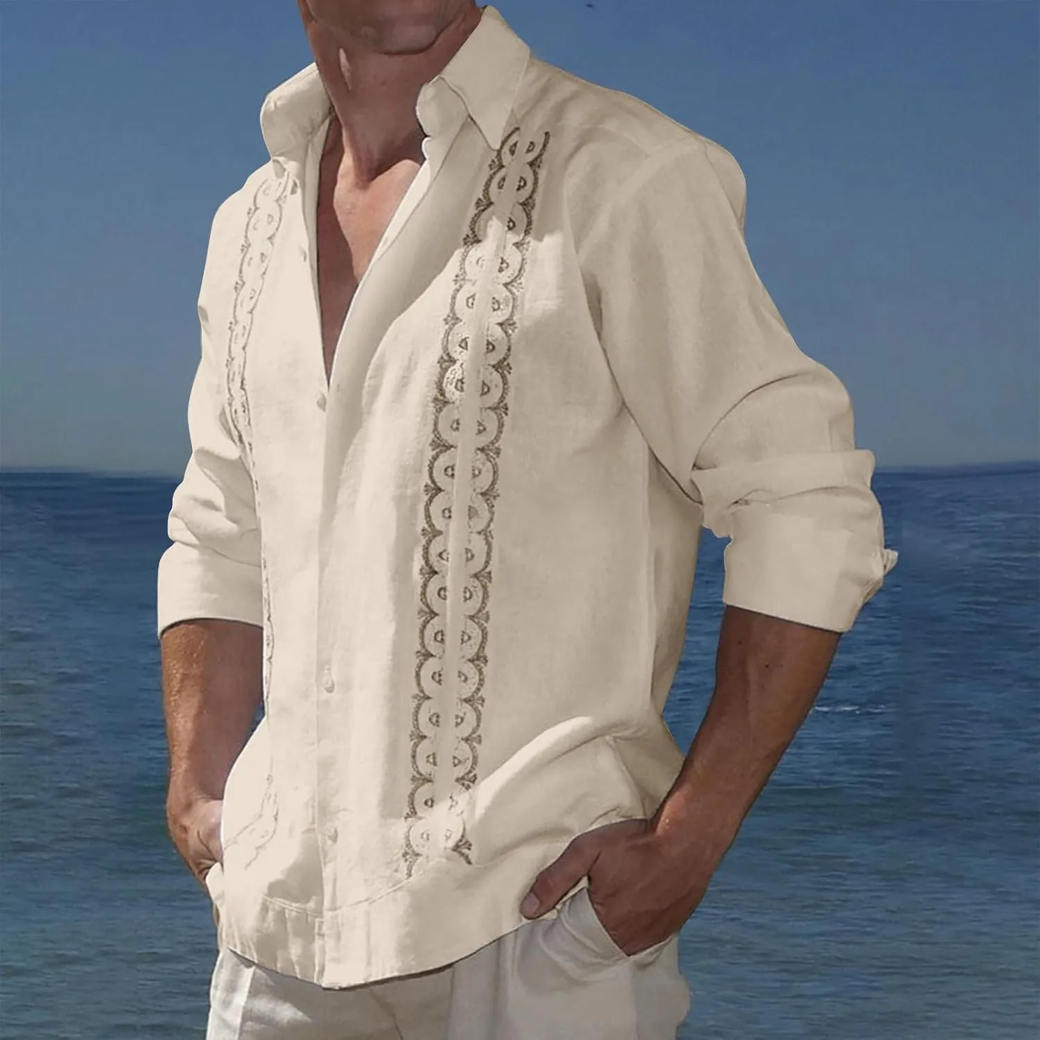 Men's Cuban Guayabera Shirts - Casual Long Sleeve Cotton Linen Button Down Shirt Summer Regular Fit Beach Tops