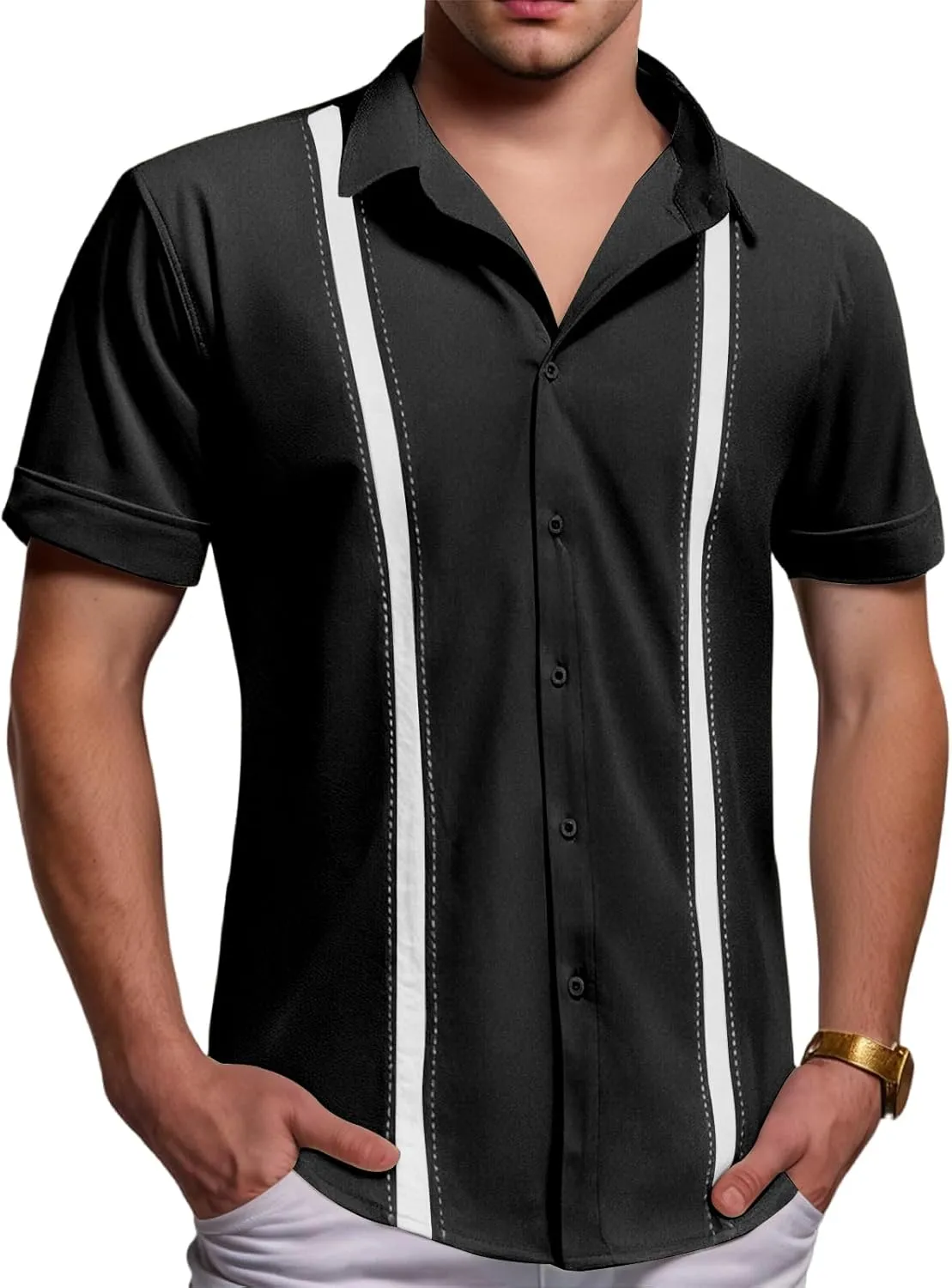 Men's Cuban Guayabera T Shirt Short Sleeve Button Down Linen Shirts Tops Color Block Casual Summer Beach Shirts