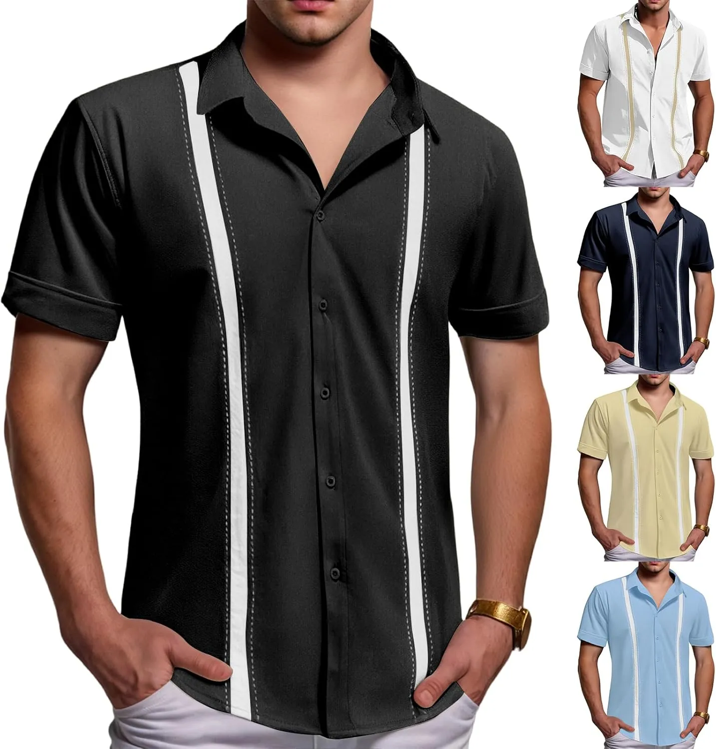Men's Cuban Guayabera T Shirt Short Sleeve Button Down Linen Shirts Tops Color Block Casual Summer Beach Shirts