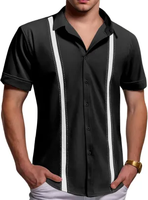 Men's Cuban Guayabera T Shirt Short Sleeve Button Down Linen Shirts Tops Color Block Casual Summer Beach Shirts