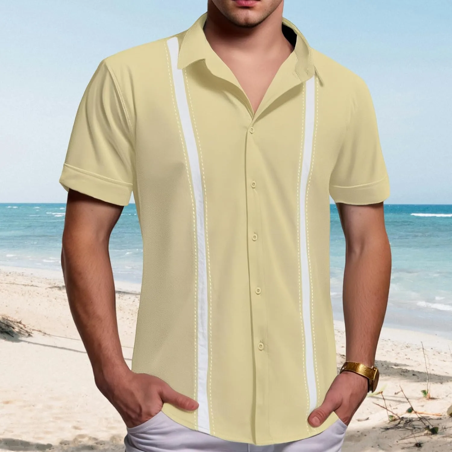 Men's Cuban Guayabera T Shirt Short Sleeve Button Down Linen Shirts Tops Color Block Casual Summer Beach Shirts