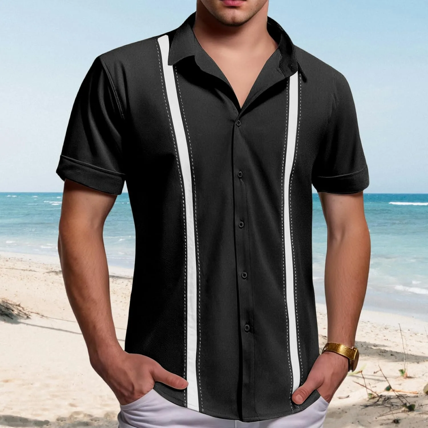 Men's Cuban Guayabera T Shirt Short Sleeve Button Down Linen Shirts Tops Color Block Casual Summer Beach Shirts