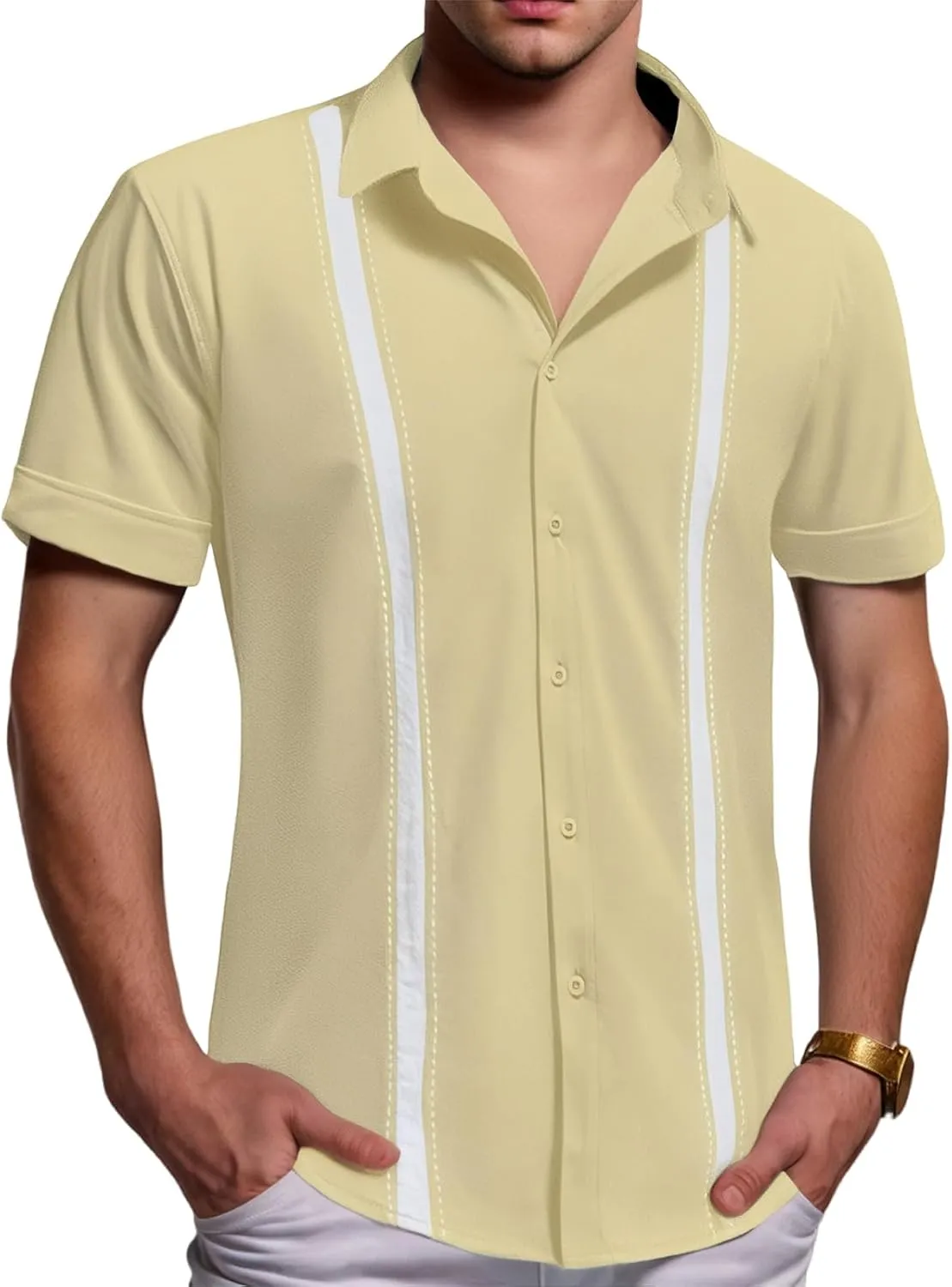 Men's Cuban Guayabera T Shirt Short Sleeve Button Down Linen Shirts Tops Color Block Casual Summer Beach Shirts