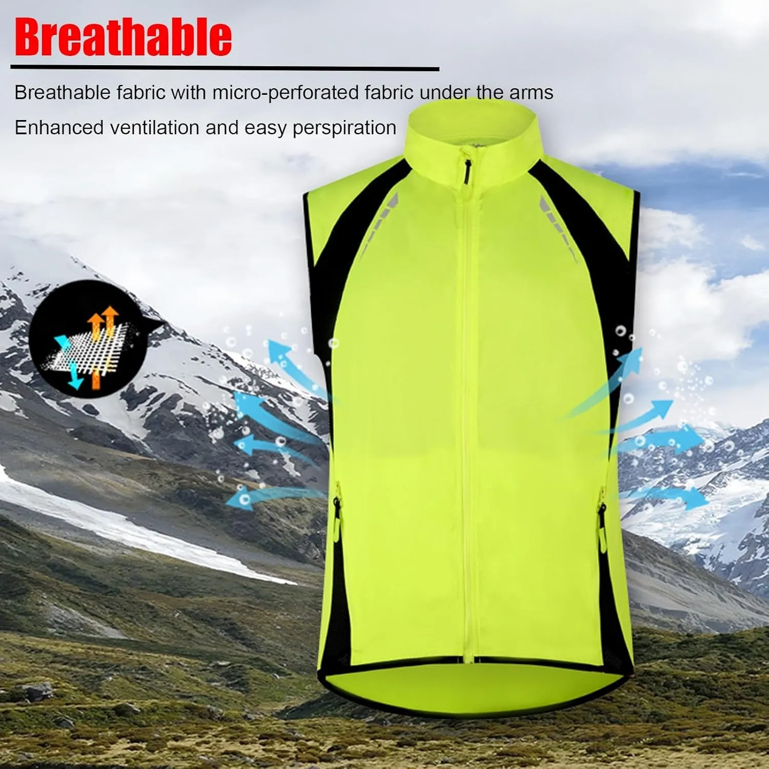 Men's Cycling Running Vest, Sleeveless Windbreakers With Zipper Pockets Breathable And Reflective