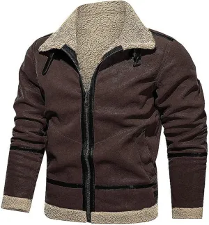 Mens Faux Fur Suede Leather Coat Sherpa Lined Fleece Shearling Jacket Thickened Warm Outwear Full Zip Up for Fall Winter