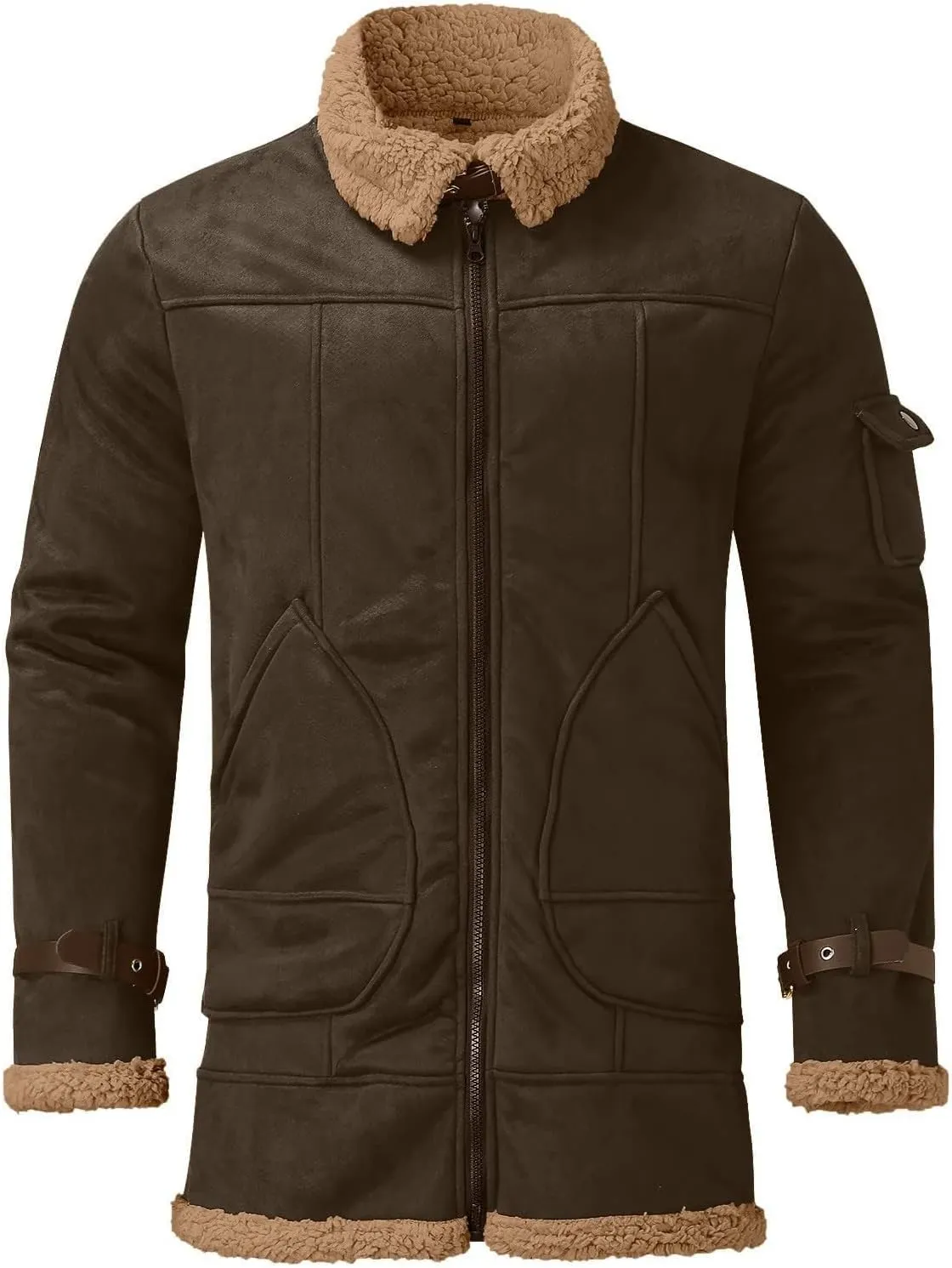 Mens Heavyweight Faux Suede Sherpa Fleece Lined Winter Warm Trench Coats Camel Stylish B3 Bomber & Aviator Jackets