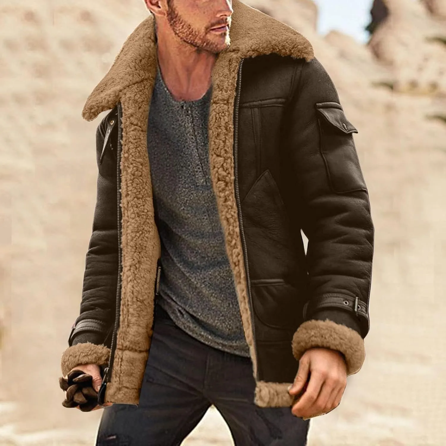 Mens Heavyweight Faux Suede Sherpa Fleece Lined Winter Warm Trench Coats Camel Stylish B3 Bomber & Aviator Jackets