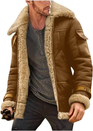 Mens Heavyweight Faux Suede Sherpa Fleece Lined Winter Warm Trench Coats Camel Stylish B3 Bomber & Aviator Jackets