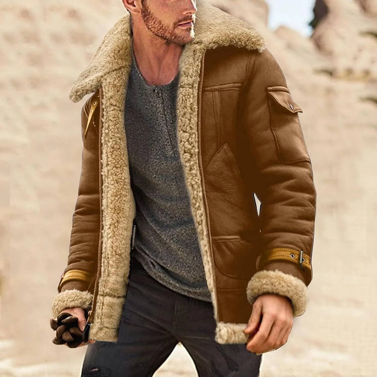 Mens Heavyweight Faux Suede Sherpa Fleece Lined Winter Warm Trench Coats Camel Stylish B3 Bomber & Aviator Jackets