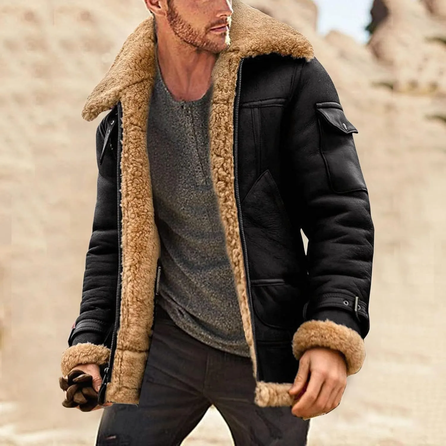 Mens Heavyweight Faux Suede Sherpa Fleece Lined Winter Warm Trench Coats Camel Stylish B3 Bomber & Aviator Jackets