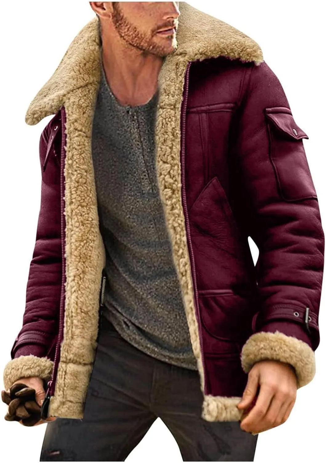 Mens Heavyweight Faux Suede Sherpa Fleece Lined Winter Warm Trench Coats Camel Stylish B3 Bomber & Aviator Jackets