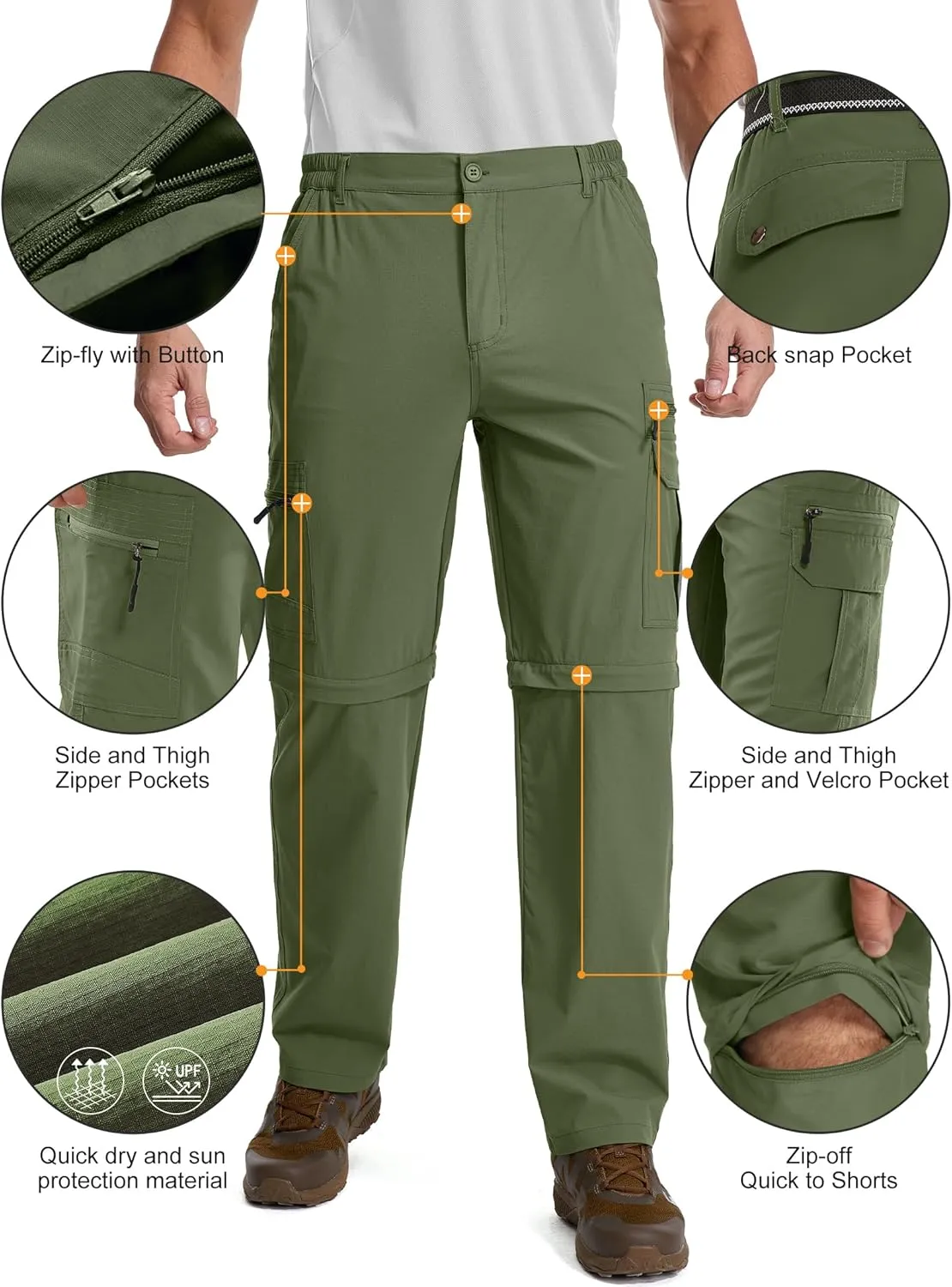 Mens Hiking Pants Convertible Quick Dry Lightweight Fishing Zip Off Safari Pants