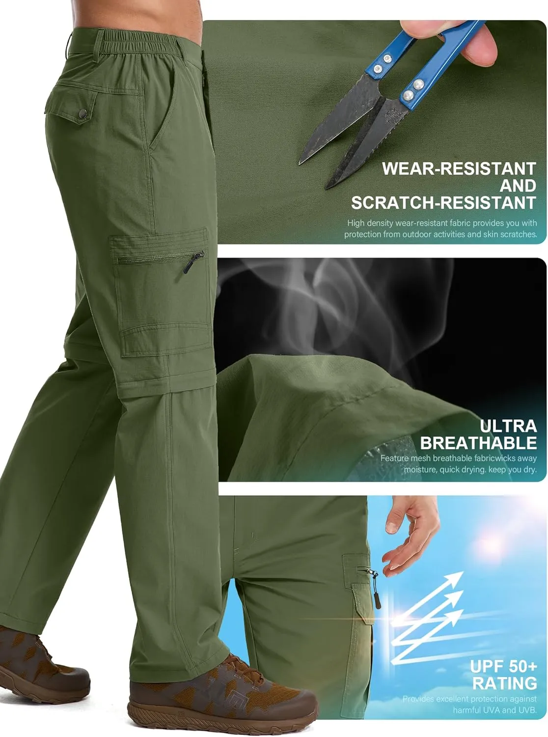 Mens Hiking Pants Convertible Quick Dry Lightweight Fishing Zip Off Safari Pants