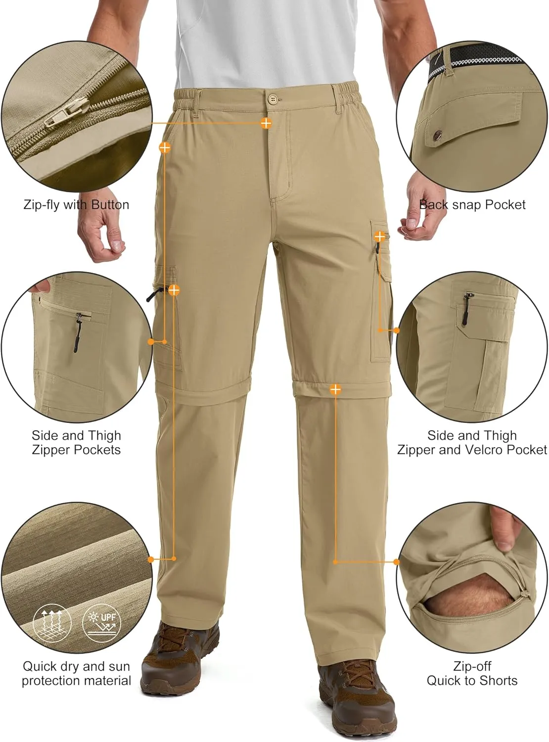 Mens Hiking Pants Convertible Quick Dry Lightweight Fishing Zip Off Safari Pants