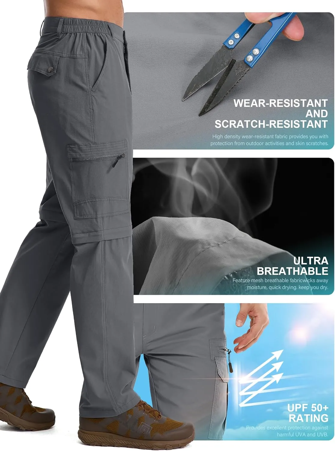 Mens Hiking Pants Convertible Quick Dry Lightweight Fishing Zip Off Safari Pants