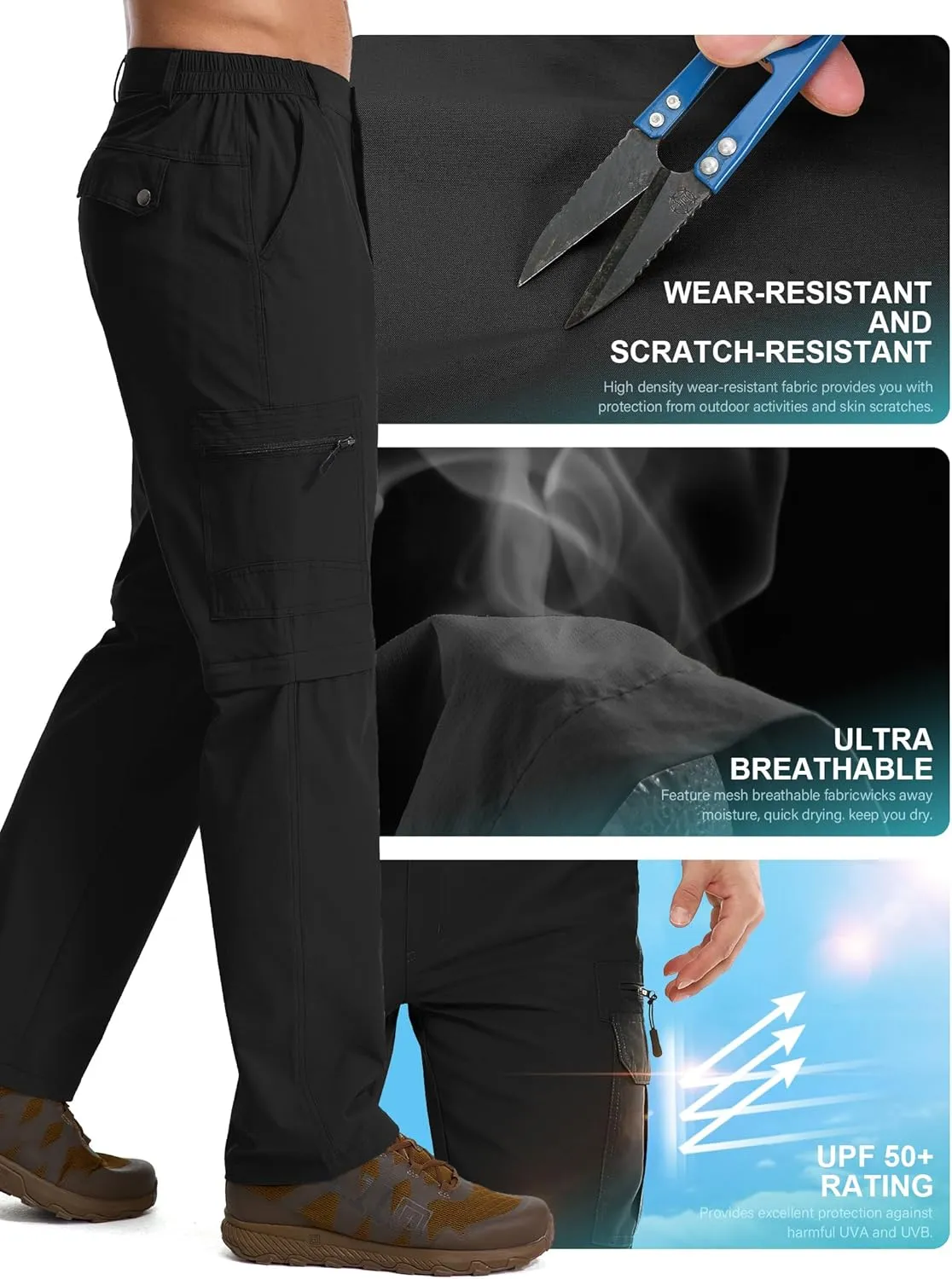 Mens Hiking Pants Convertible Quick Dry Lightweight Fishing Zip Off Safari Pants