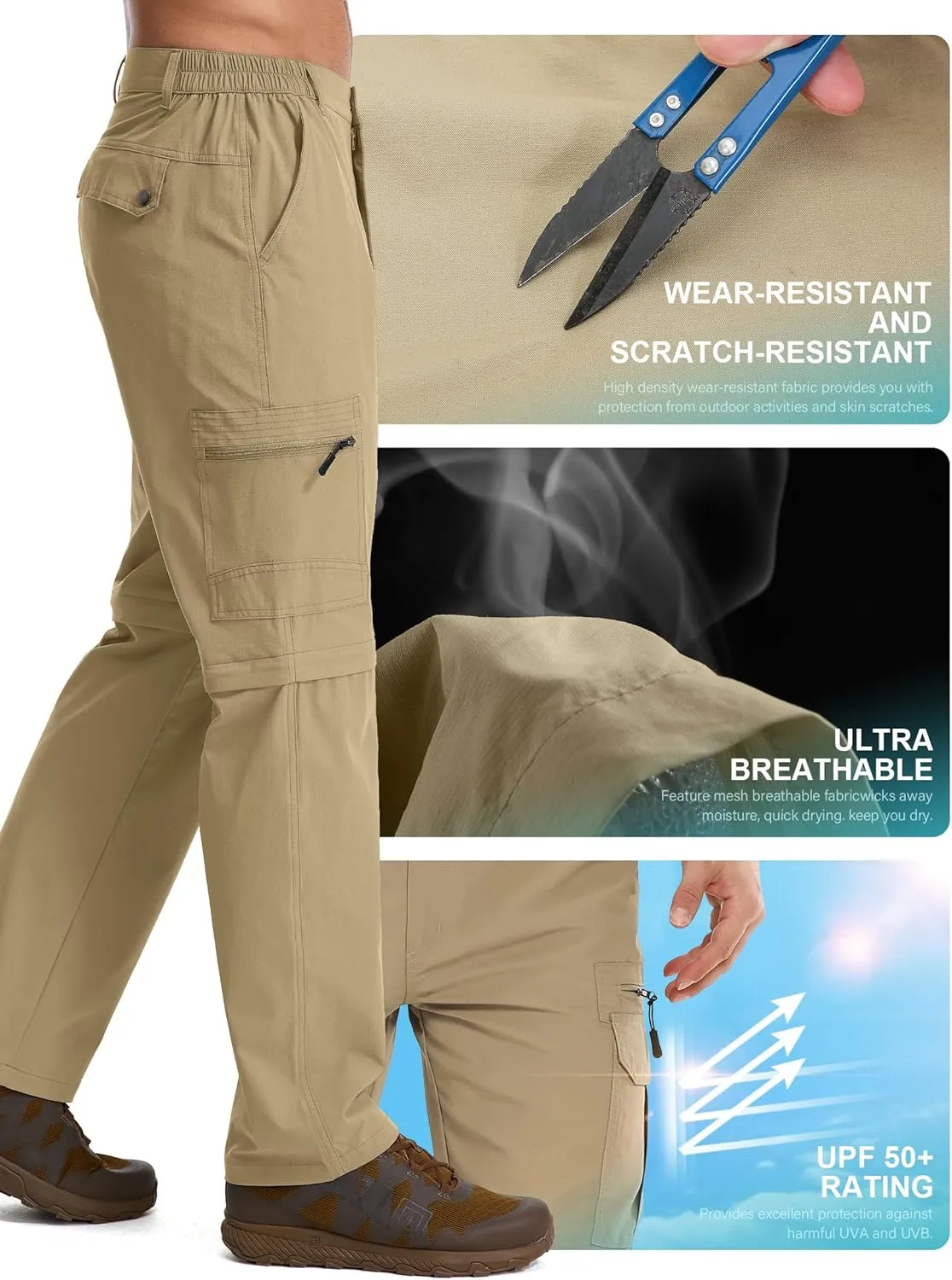 Mens Hiking Pants Convertible Quick Dry Lightweight Fishing Zip Off Safari Pants