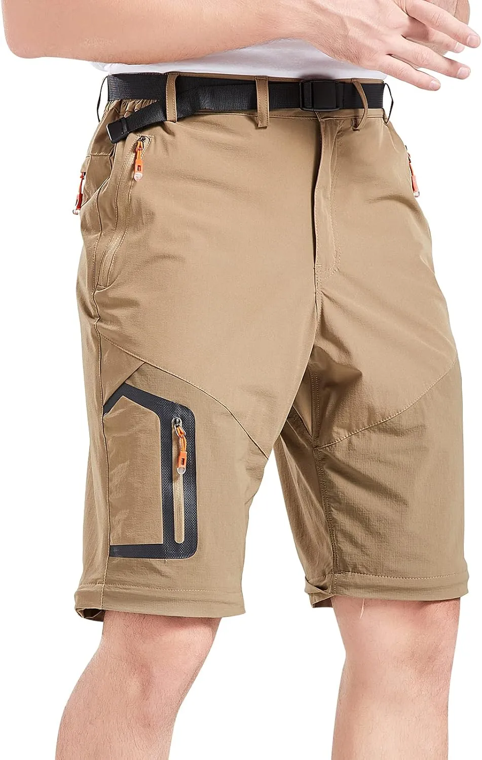 Men's Hiking Pants Outdoor Convertible Quick Dry Fishing Pants & Shorts (Khaki, Black)