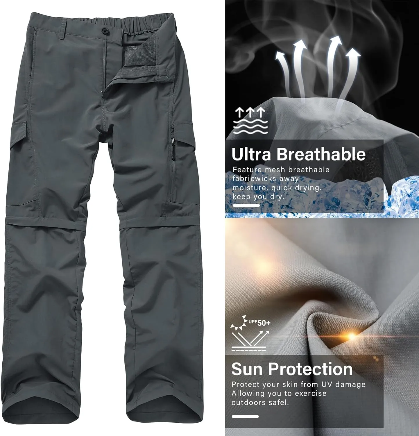 Mens Hiking Pants Quick Dry Lightweight Fishing Convertible Zip Off Safari Trousers