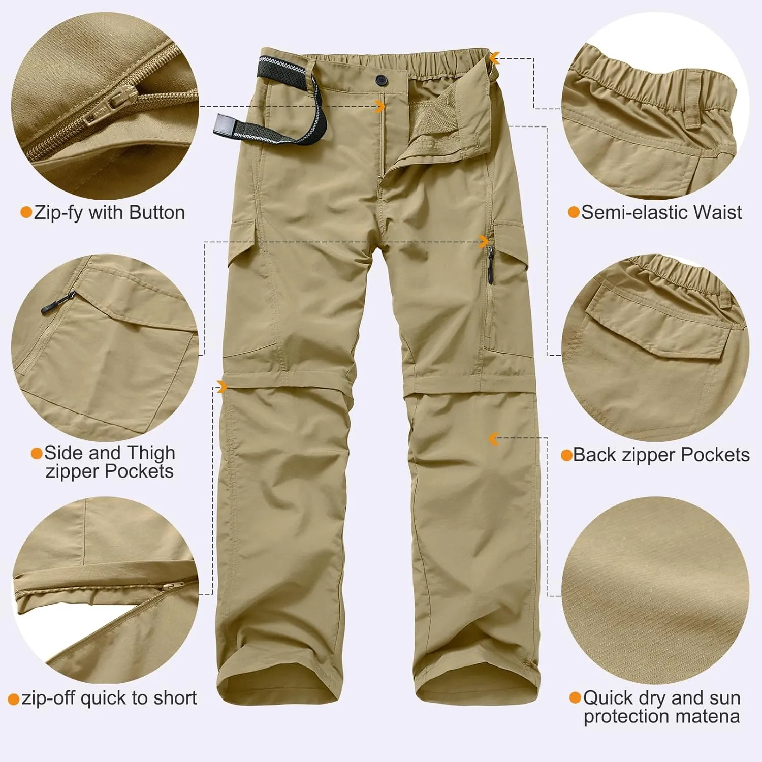 Mens Hiking Pants Quick Dry Lightweight Fishing Convertible Zip Off Safari Trousers
