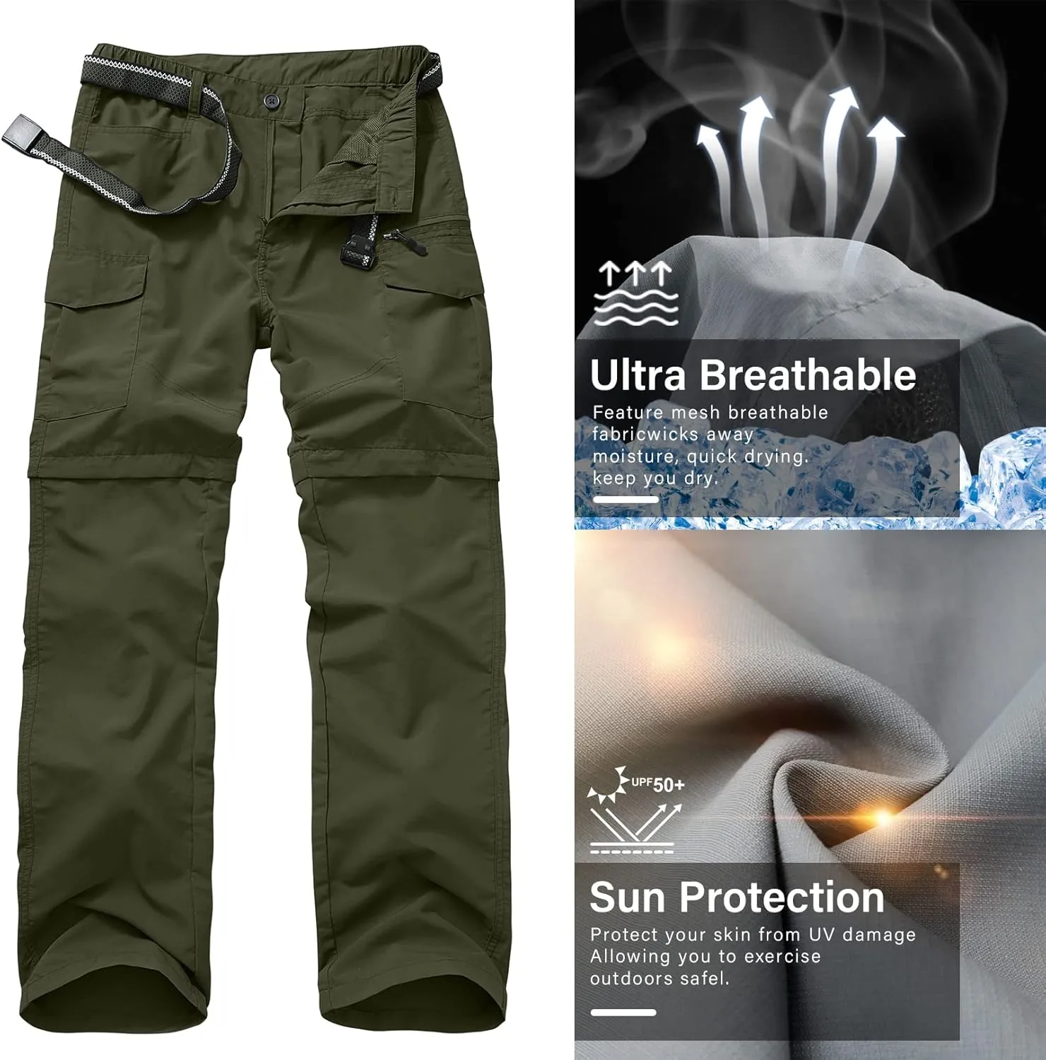 Mens Hiking Pants Quick Dry Lightweight Fishing Convertible Zip Off Safari Trousers