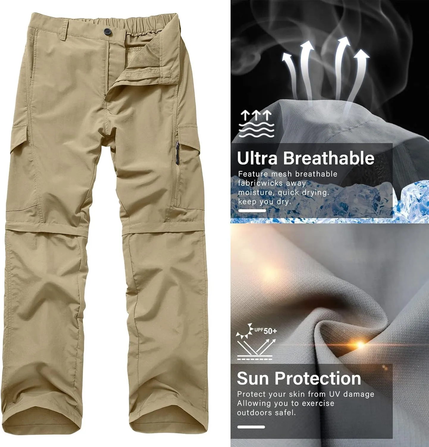 Mens Hiking Pants Quick Dry Lightweight Fishing Convertible Zip Off Safari Trousers