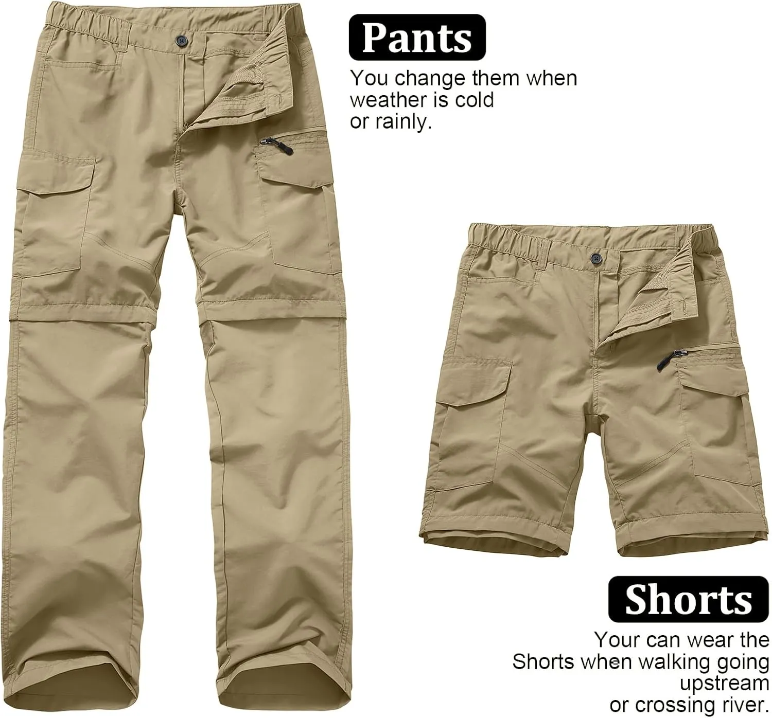 Mens Hiking Pants Quick Dry Lightweight Fishing Convertible Zip Off Safari Trousers