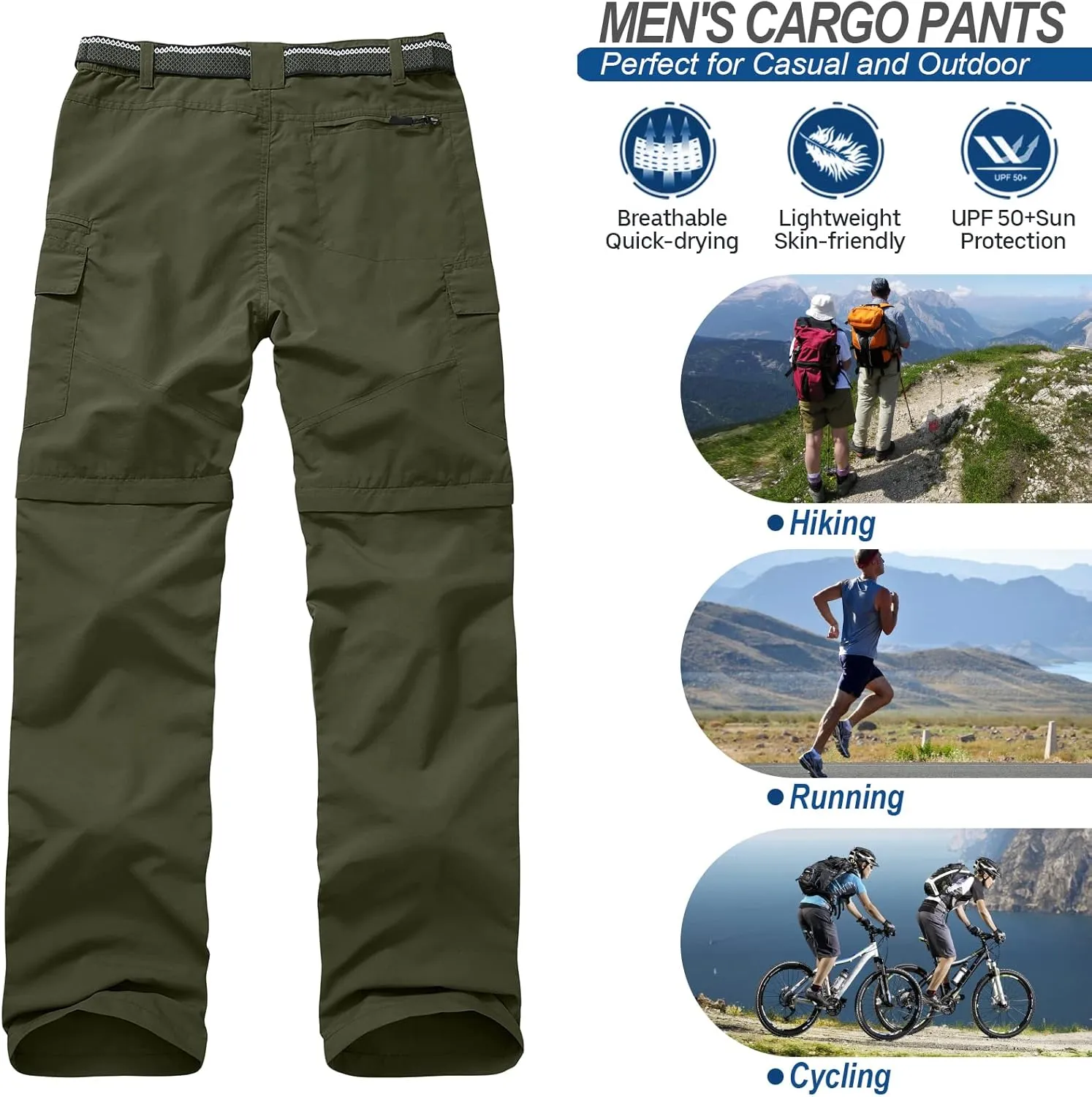 Mens Hiking Pants Quick Dry Lightweight Fishing Convertible Zip Off Safari Trousers